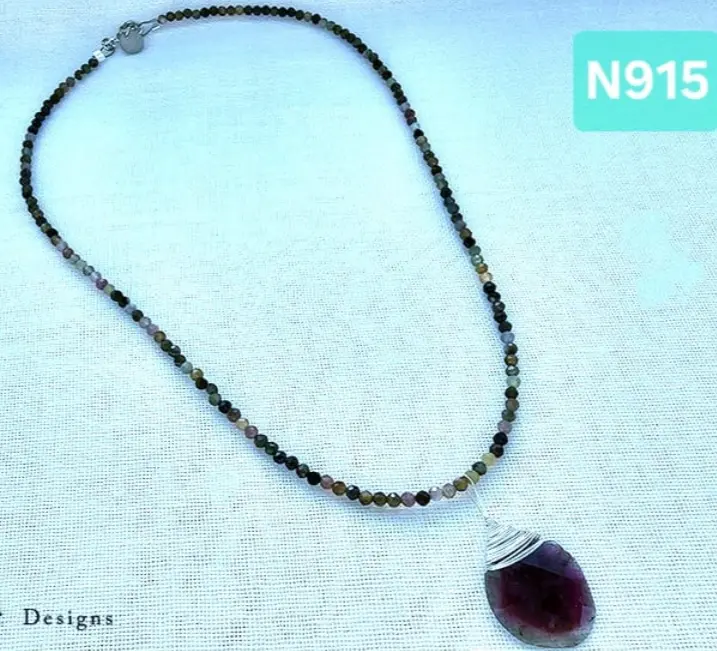 (N915) rare Indian cut watermelon Tourmaline pendant in a multicolored Tourmaline necklace