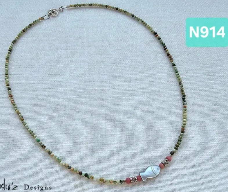 (N914) Mother of Pearl fish, Rhodonite & African Turquoise necklace