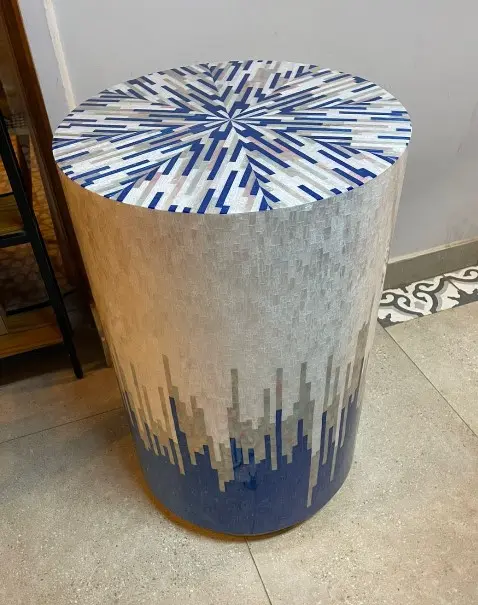 Cylinder light blue and silver table 80Cm H Order 