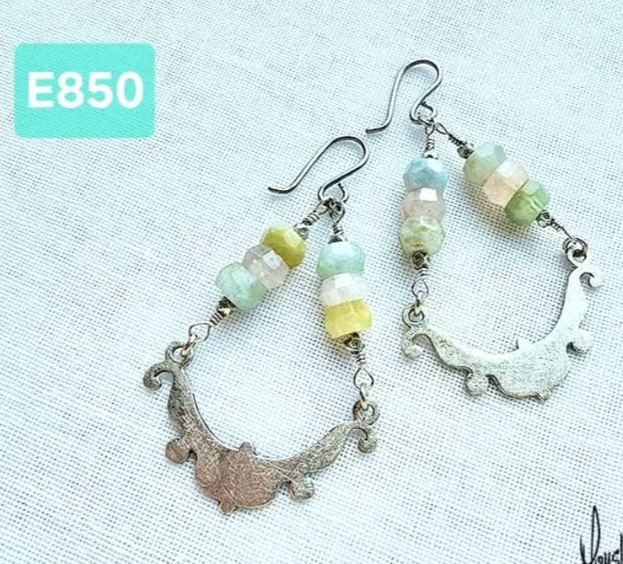 (E850) Morganite gemstone, handmade oriental Motif silver Earrings