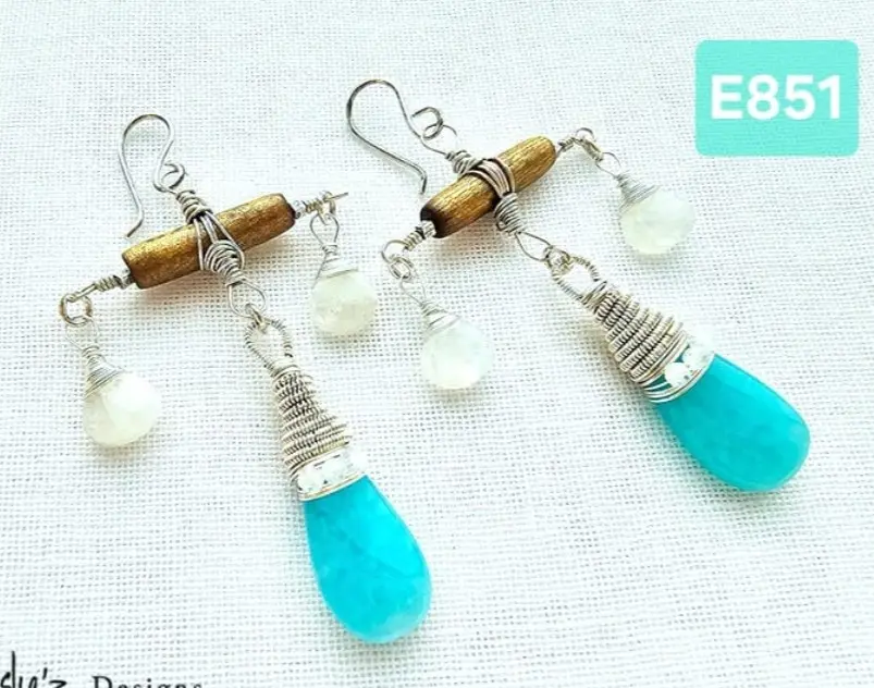(E851) Amazonite Drops, Moonstone & Gold Coral earrings