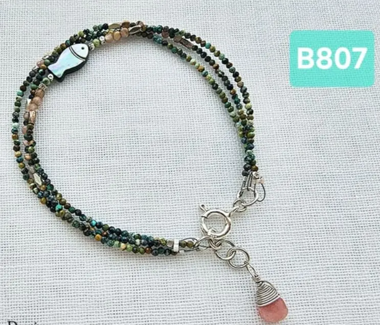 (B807) African Turquoise,  Rhodochrosite & carved mother of pearl fish, 3 layer bracelet