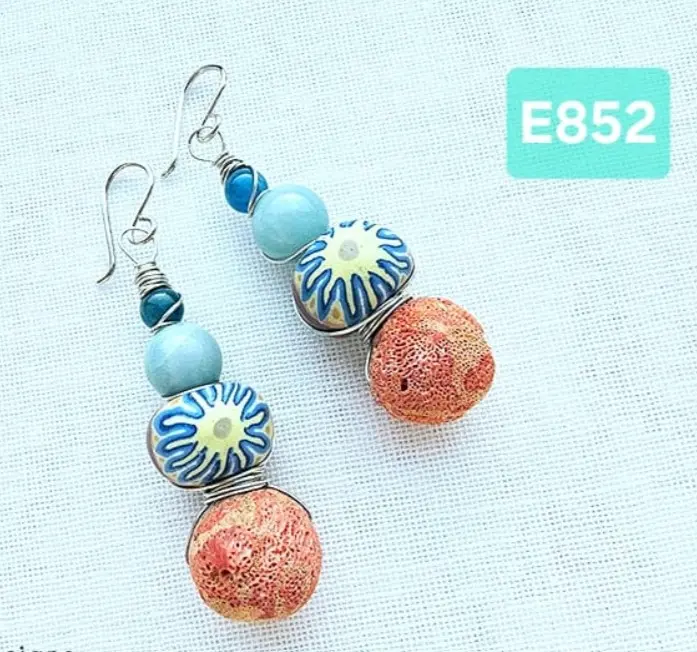 (E852) Sponge Coral, Artisanal Polymer Clay beads, Amazonite & Blue Apatire Earrings