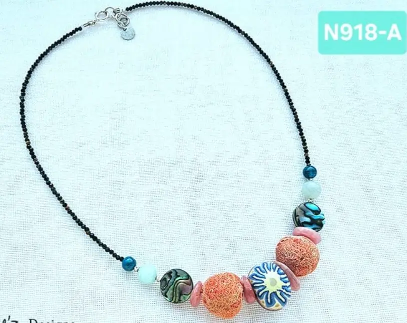 (N918-A) Artisanal polymer clay, Rhodochrosite,  Sponge coral, Abalone Shell, Amazonite & Blue Apatite necklace