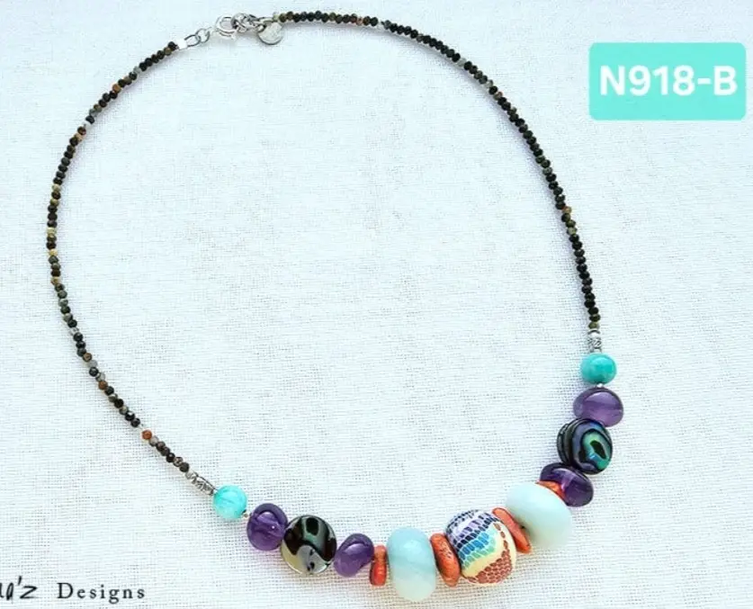 (N918-B) Artisanal Polymer Clay,  Sponge Coral,  Amazonite,  Amethyst & Abalone Shell necklace