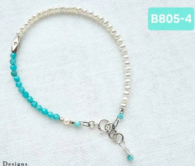 (B805-4) White Pearl with Amazonite & Tribal handmade silver Bracelet