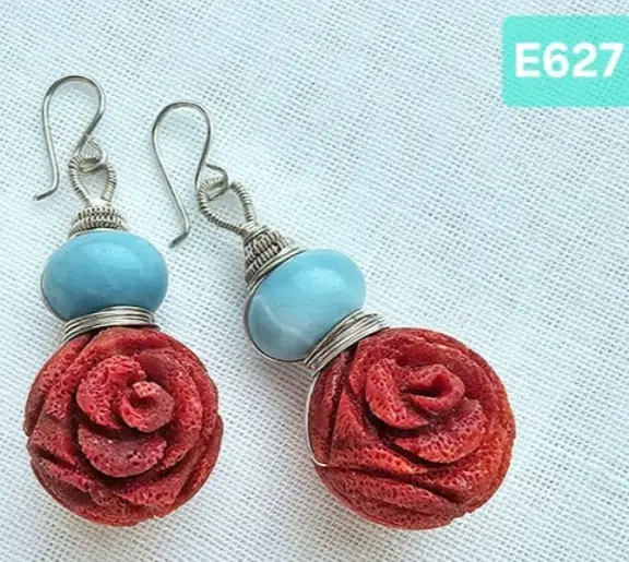 (E627) Rose Carved Sponge Coral & Amazonite earrings 