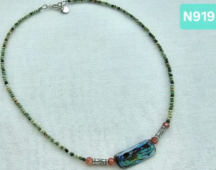 (N919) Abalone Shell, Rhodochrosite & African Turquoise Necklace 