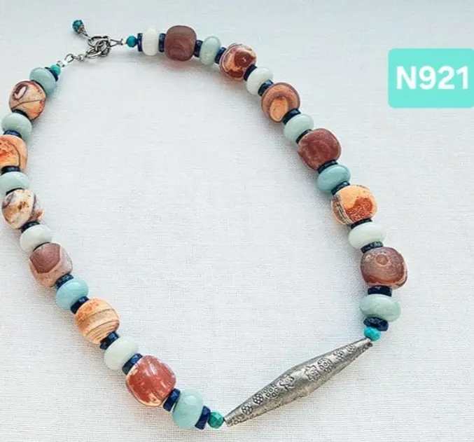 (N921) Matte Cut striped Agate, Amazonite & Lapis Lazuli with a tribal handmade silver centerpiece from Laos