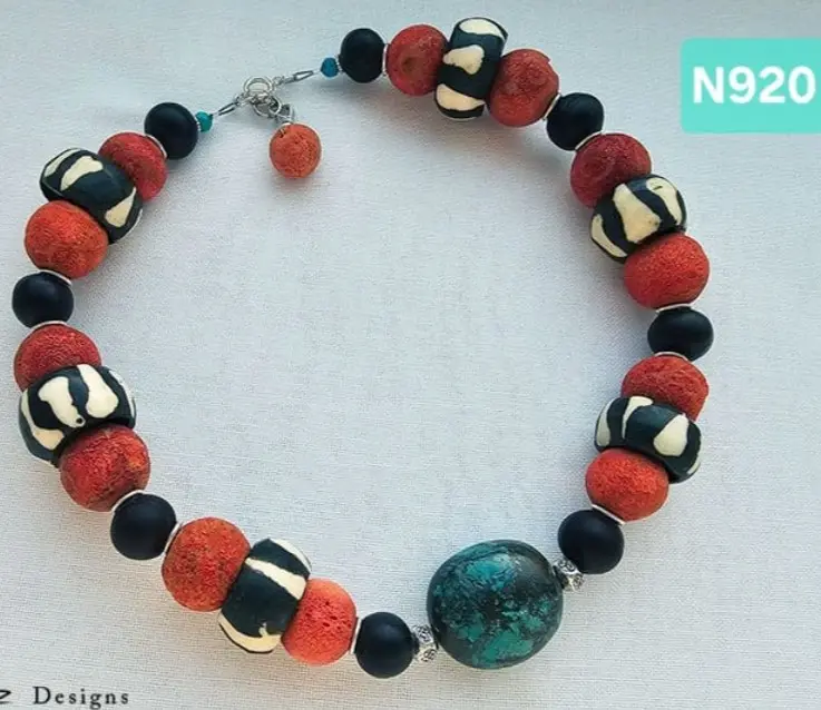 (N920) Turquoise from Tibet, Sponge Coral, Striped bone beads & Reetha seed beads