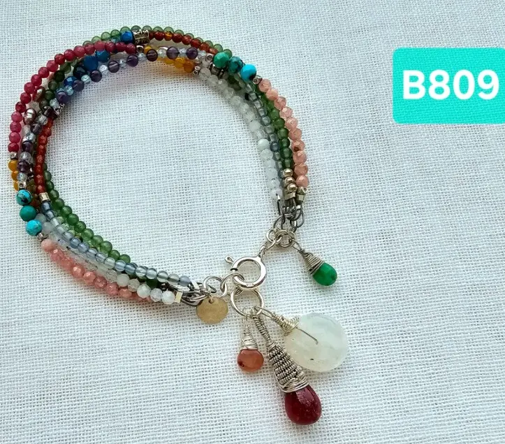 (B809) 5 layers bracelet.  Ruby, Moonstone,  Pearl, Turquoise,  Rhodochrosite,  Agate & Amethyst