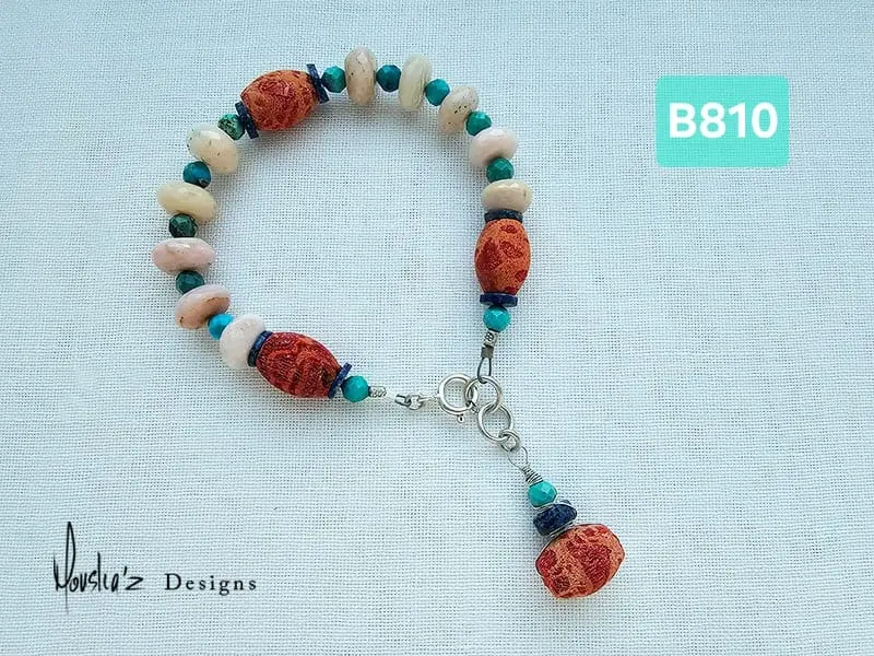 (B810) Sponge Coral, Pink Peruvian Opal, Turquoise & Lapis Lazuli Bracelet