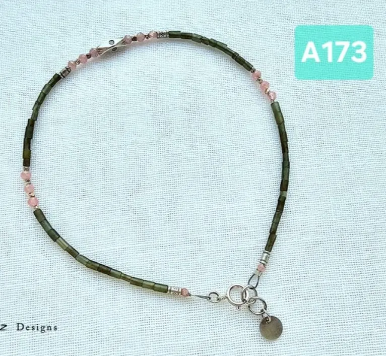 (A173) Olive Jade & Rhodochrosite anklet 