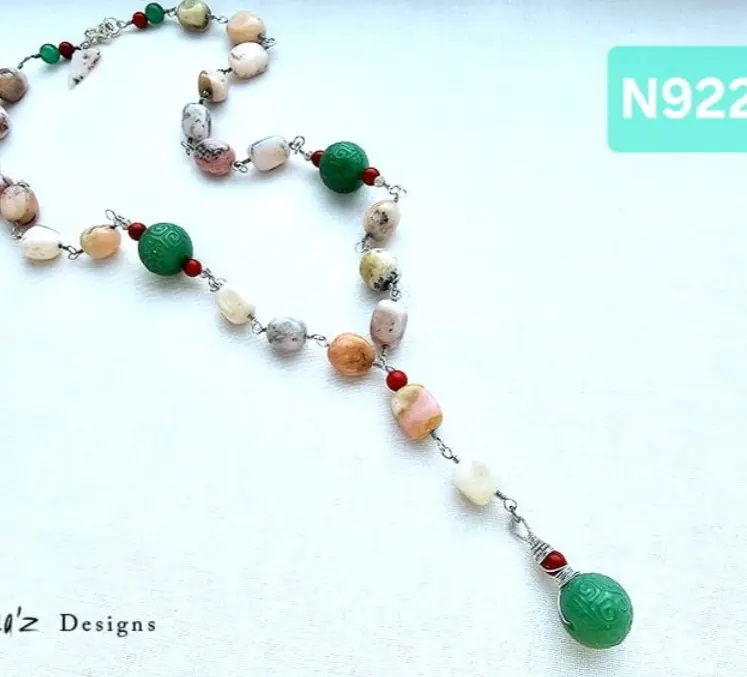 (N922) Pink Peruvian Opal, Carved Green Aventurine & sponge Coral, long necklace
