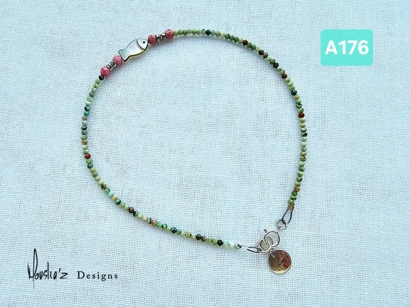 (A176) Carved Mother of Pearl fish, Rhodonite & African Turquoise anklet