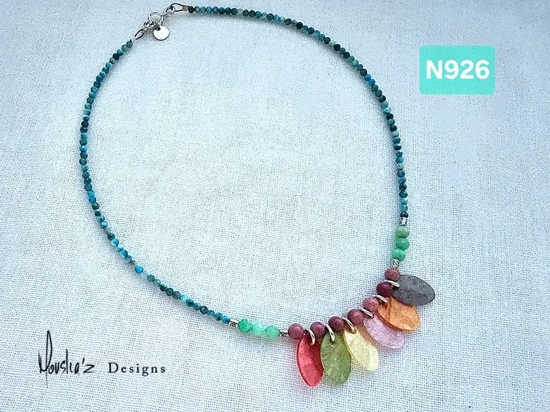 (N926) Dangly Colorful oval Mother of Pearl, Rhodonite, Chrysoprase & Blue Apatite necklace