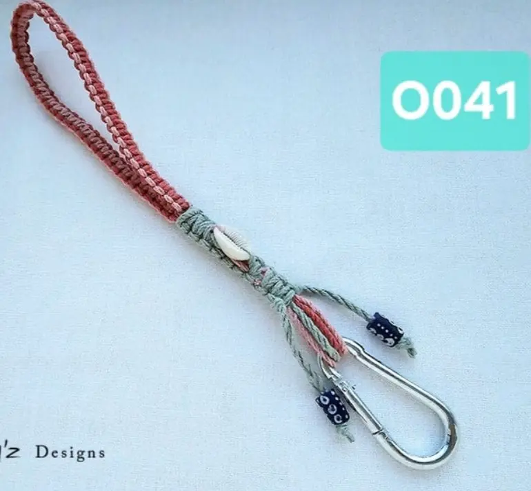 (O041) macrame key chain with african beads, cowrie shell & a heavy strong key chain hook