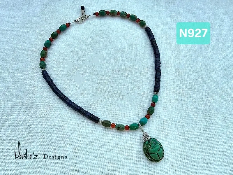 (N927) Turquoise,  Lapis Lazuli & Agate with Scarabee Carved Egyptian Turquoise pendant
