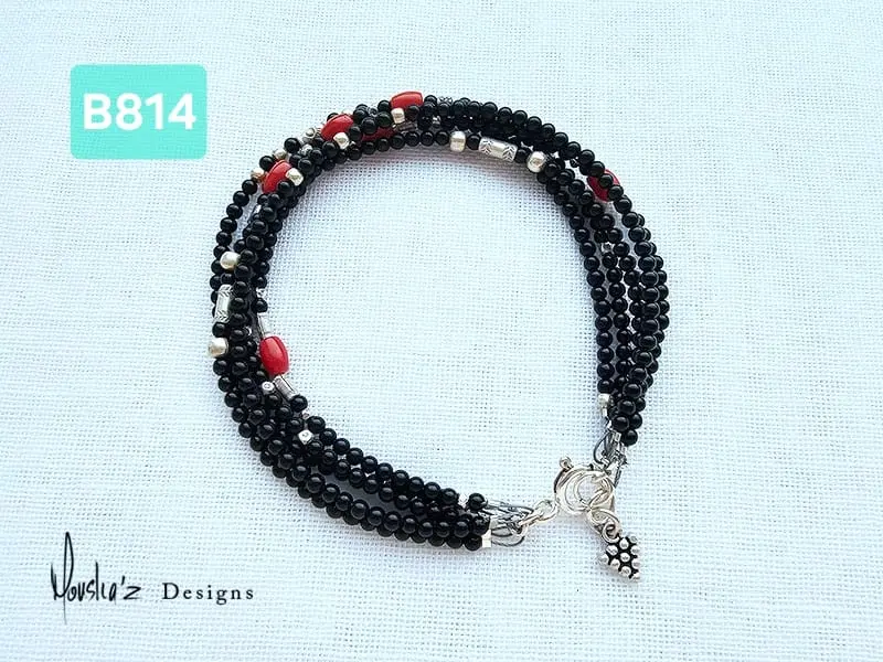 (B814) Black Onyx & Red Coral with Thai Silver, 5 layer bracelet