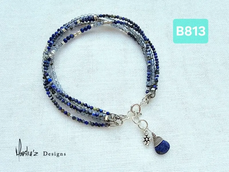 (B813) lapis lazuli & blue Agate with thai silver, 5 layer bracelet