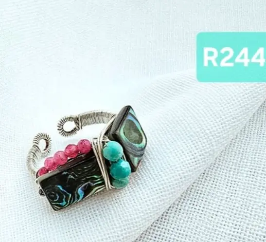 (R244) Abalone Shell with Turquoise,  Ruby & Rhodonite,  Adjustable ring