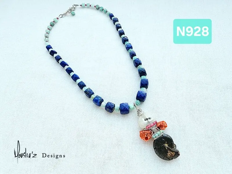 (N928) Ammonite Fossil, Genuine Orange Coral, Amazonite & Ruby pendant in a long finest quality Indian Cut Lapis Lazuli & Amazonite necklace