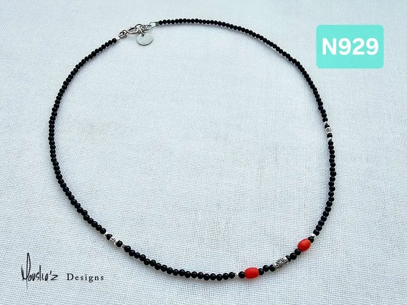 (N929) Black Onyx with Red Coral & thai silver necklace