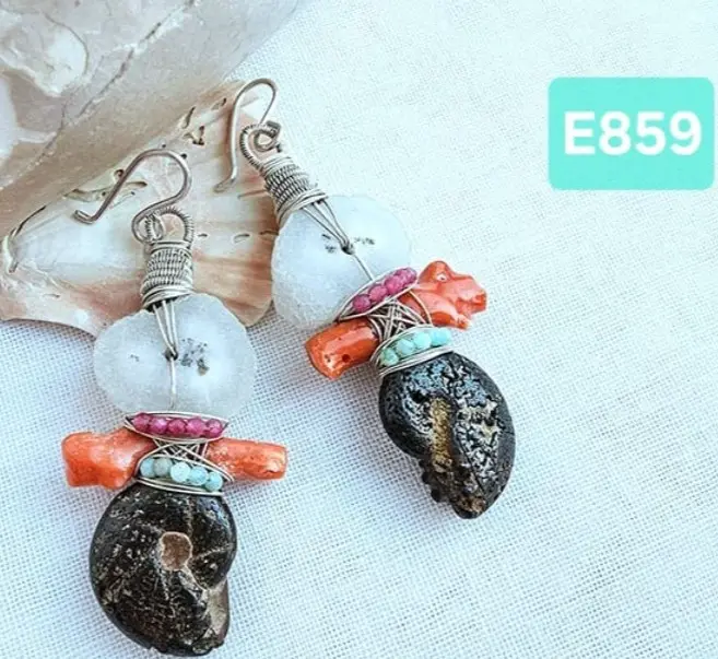 (E859) Ammonite Fossil, Genuine Orange Coral, Amazonite & Ruby earrings