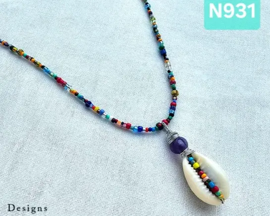 (N931) Cowrie Shell & Amethyst with colorful glass beads necklace