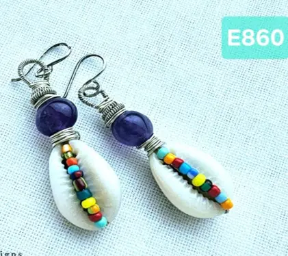 (E860) Cowrie shells & Amethyst with colorful glass beads