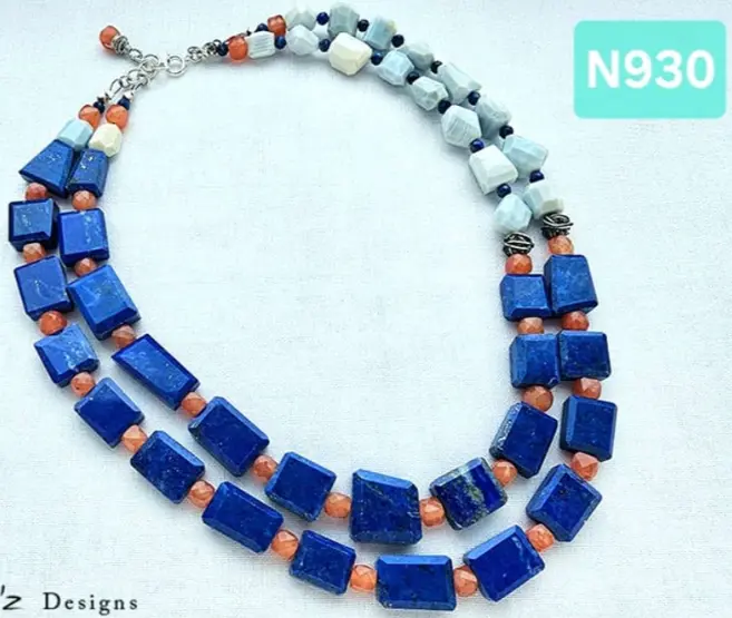(N930) Lapis Lazuli, Carnelian & Blue Peruvian Opal, rich Indian cut Gemstones,  double layer necklace