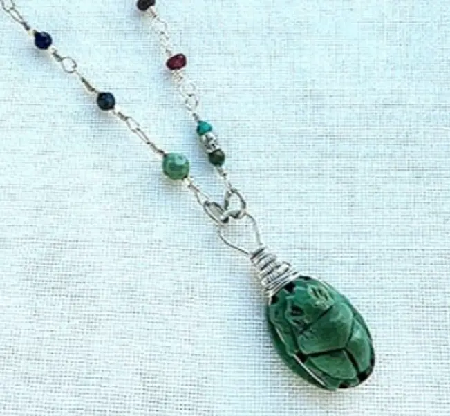 (N934) carved Egyptian Turquoise Scarabee with ruby & Lapis Lazuli necklace