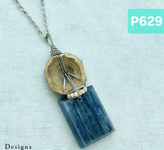 (P629) Blue Kyanite, Fossilized Shark Vertebrae & Peruvian Opal Pendant