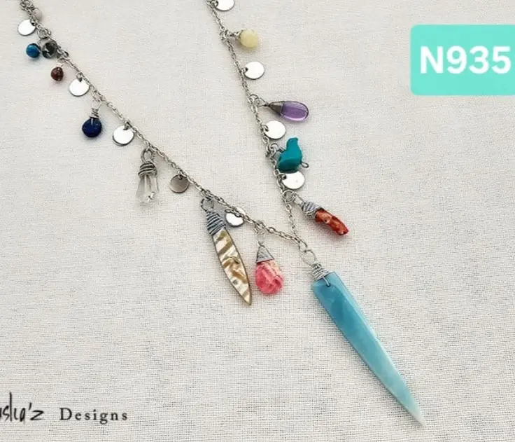 (N935) Amazonite,  Coral, Rhodochrosite,  Turquoise,  Green Amethyst,  Lavender Amethyst,  Jade, Lapis Lazuli, necklace