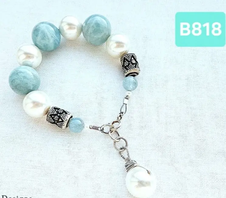 (B818) Aquamarine & Spanish Majorca Pearl with handmade indian silver Bracelet