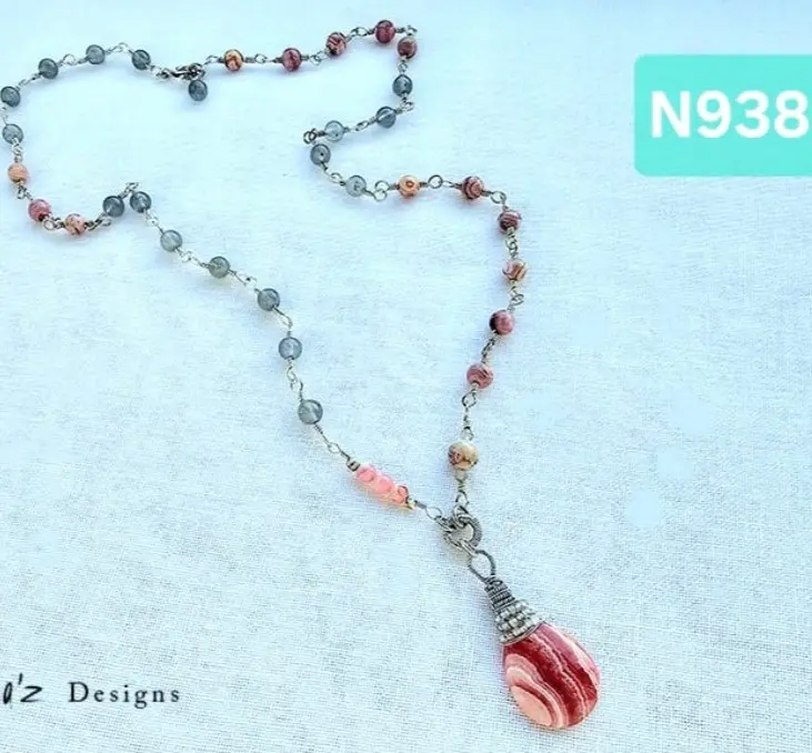 (N938) Argentine Rhodochrosite & Labradorite long Necklace