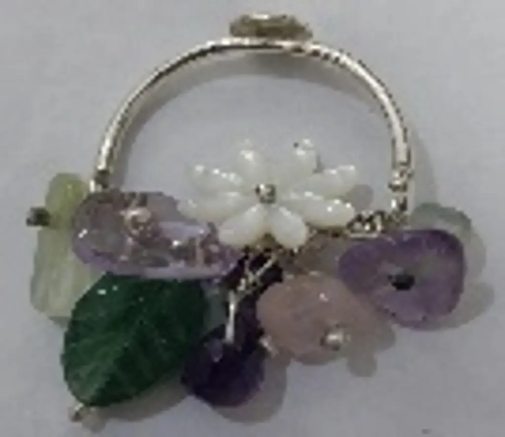Garden Collection , Handmade, Sterling Silver, With Original Stones, white Mother of Pearls flowers, Green Jade leaves & stones, Rose Quartz & purple amethyst , Gold Plated Ring