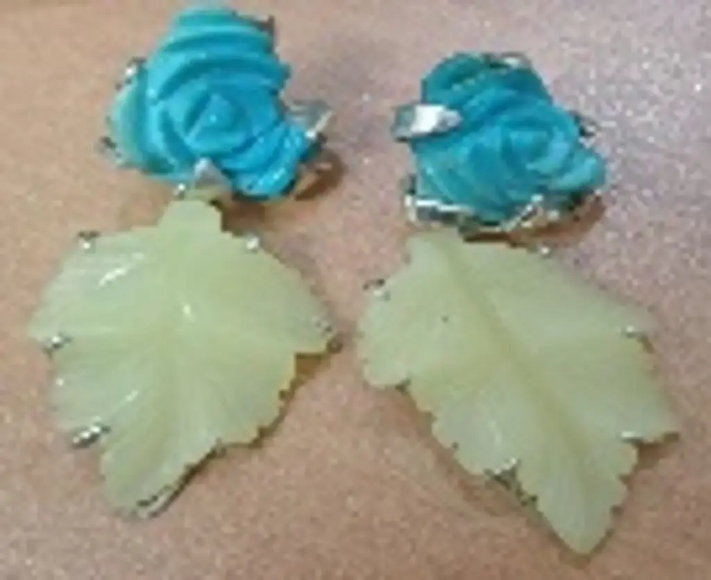 Flowery Collection, Sterling Silver, Hand Engraved , Original Turquoise Flower & Jade Leave Stones Gold Plated Earrings
