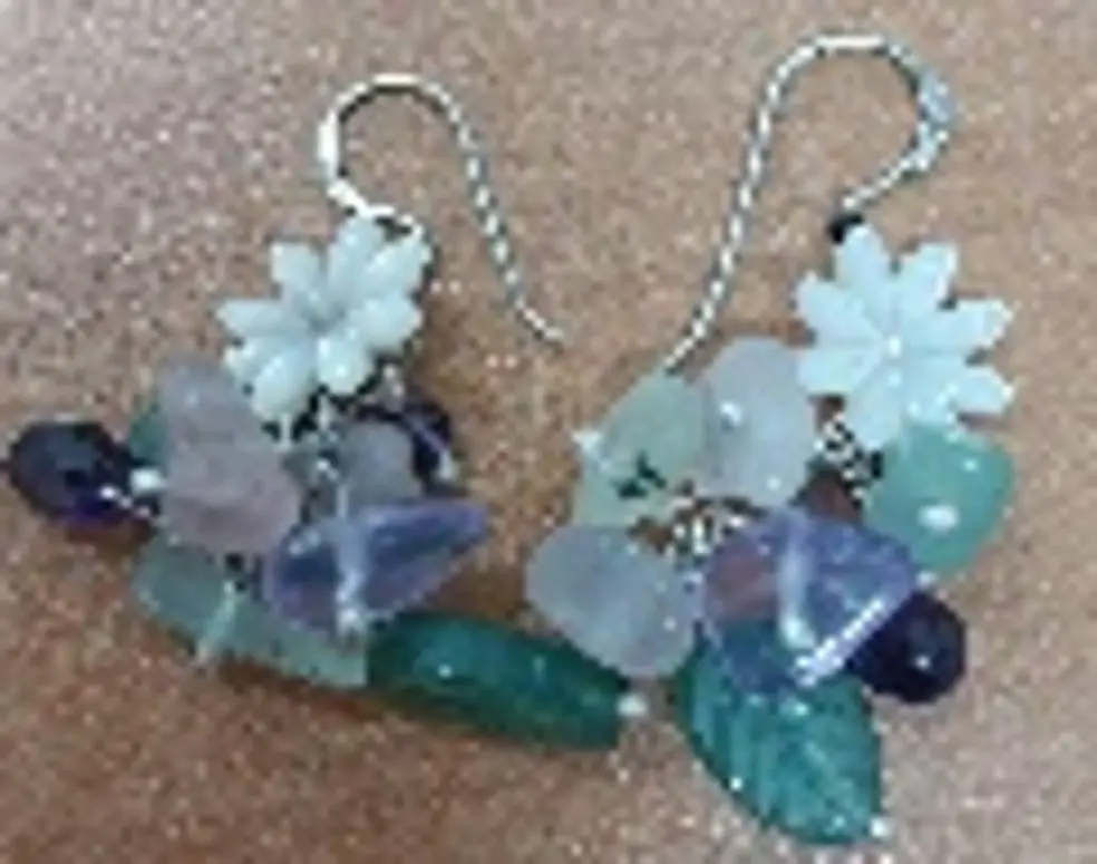 Garden Collection , Handmade, Sterling Silver, With Original Stones, white Mother of Pearls flowers, Green Jade leaves & stones, Rose Quartz & purple amethyst , Gold Plated Earrings