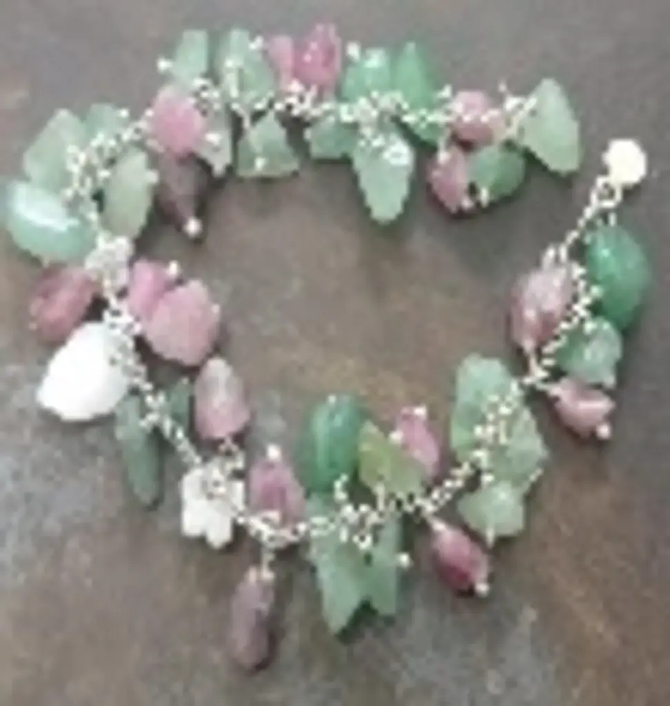 Garden Collection , Handmade, Sterling Silver,With Original Stones, Pink Mother of Pearls flowers, Green Jade, Pink Tourmaline& white mother of pearls leave, Gold Plated bracelet