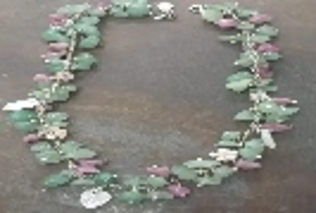 Garden Collection , Handmade, Sterling Silver,With Original Stones, Pink Mother of Pearls flowers, Green Jade, Pink Tourmaline& white mother of pearls leave, Gold Plated necklace