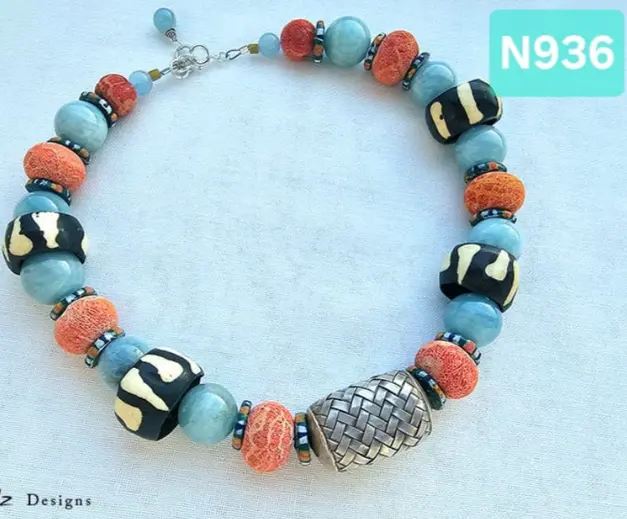 (N936) Sponge Coral, Aquamarine,  African Glass Beads & African Zebra Bone Beads with a unique handmade  woven silver centerpiece from Laos Necklace