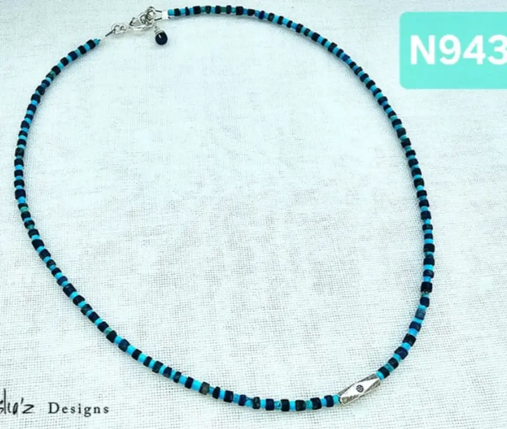 (N943) Afghani Lapis Lazuli & Turquoise necklace with handmade silver piece from Laos