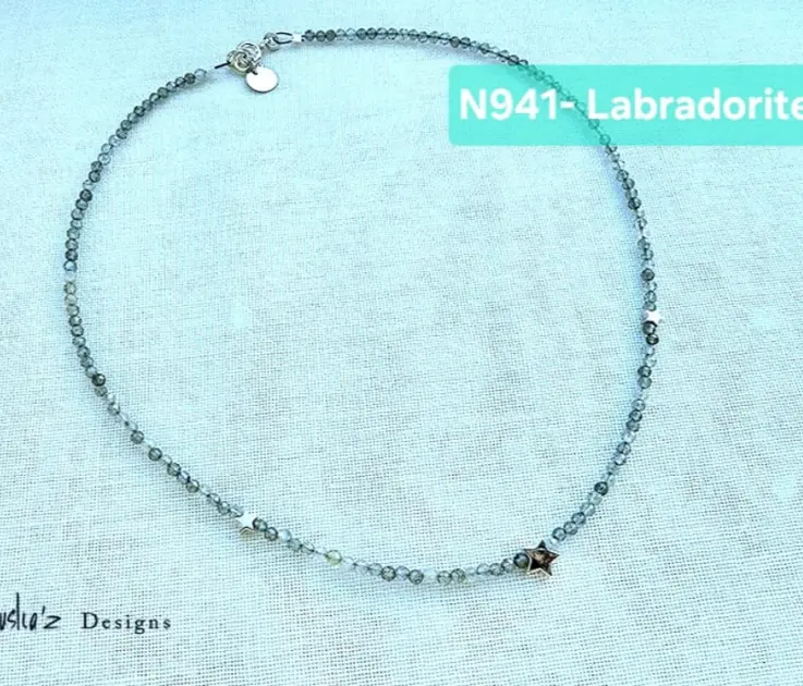 (N941- Labradorite) Labradorite gemstone with silver stars Necklace