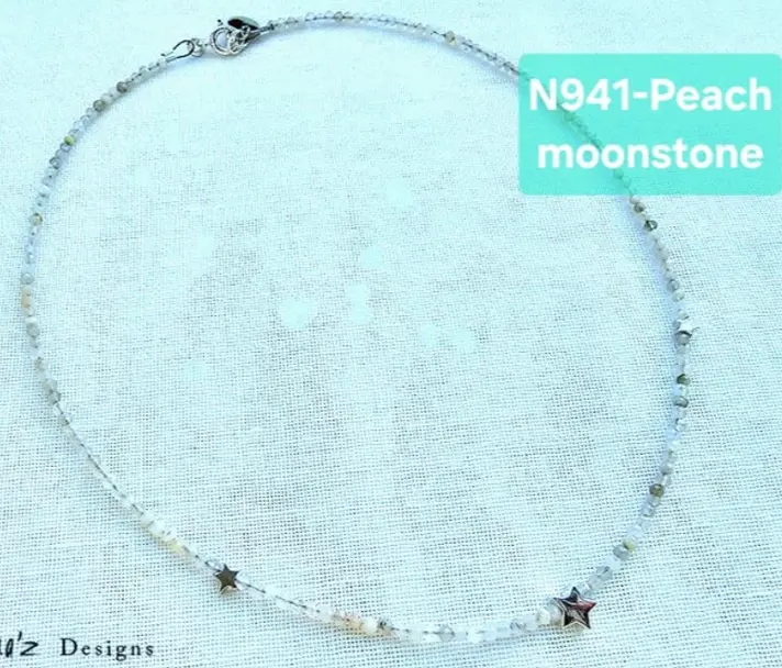(N941- Peach) Peach moonstone with silver star Necklace