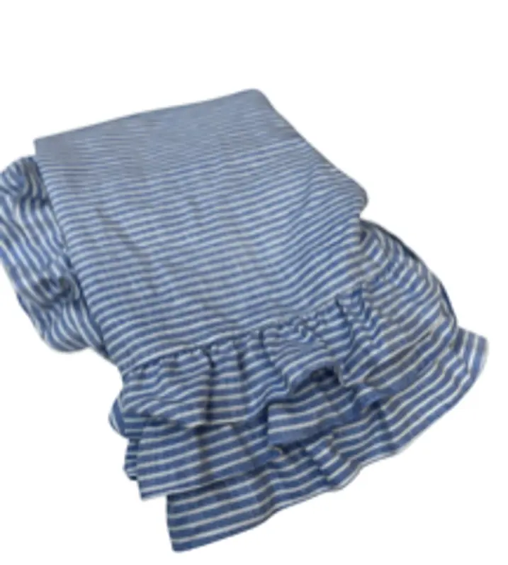 Linen strips of joy raffled rectangle table cloth (220x 120cm) (Blue white strips)