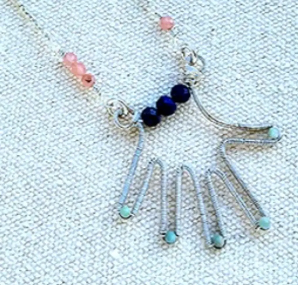 (P566) handmade "Kaf" silver wire Pendant with Amazonite, Lapis Lazuli & Rhodochrosite