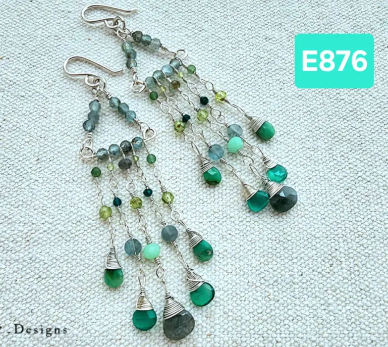 (E876) Aquamarine,  Green Onyx, Chrysoprase & Peridot dangly earrings