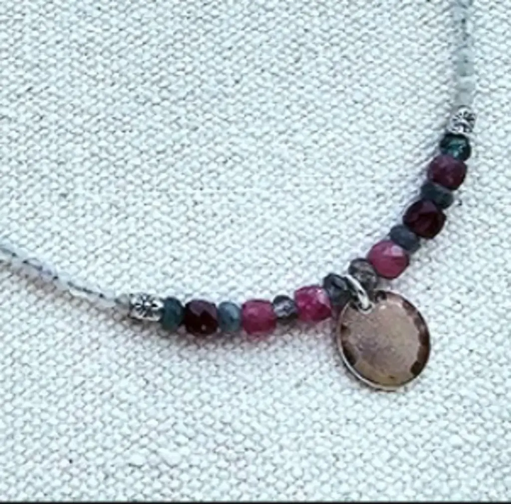 (N950) Aquamarine,  Pink Tourmaline & Flourite necklace with a dangly round silver