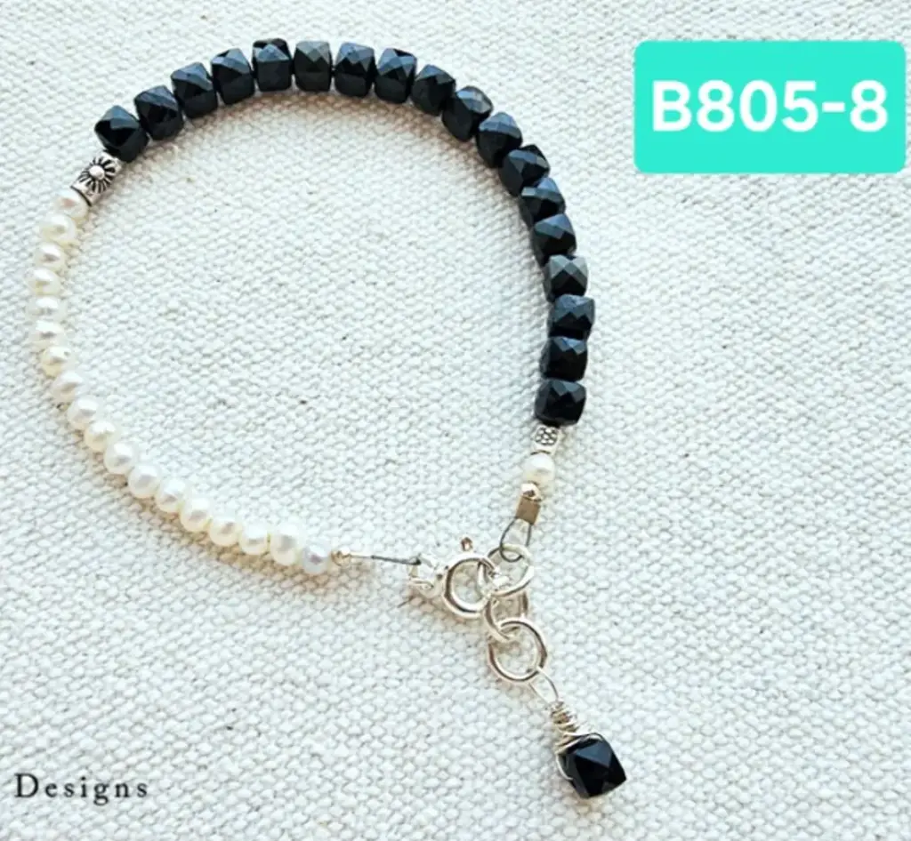 (B805-8) Black Tourmaline with Pearl Bracelet